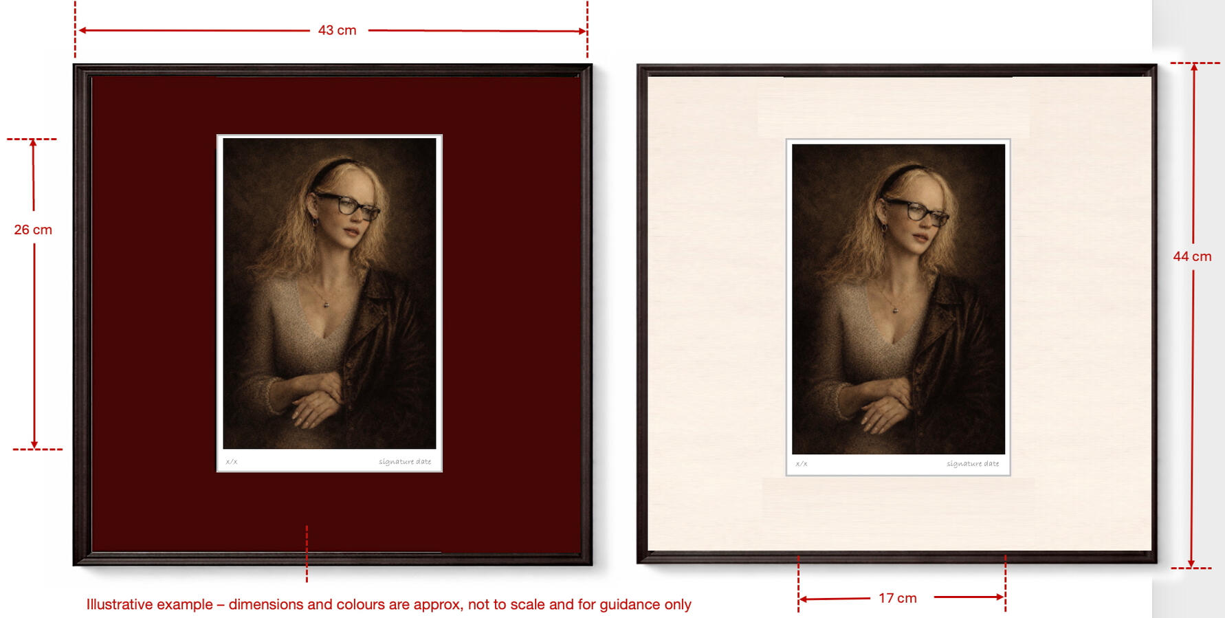 burgundy mount and pale stone mount; prints as framed (approximation) - please be sure to click on the correct payment link when ordering