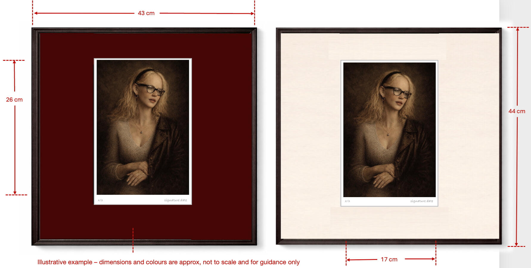 burgundy mount and pale stone mount; prints as framed (approximation) - please be sure to click on the correct payment link when ordering