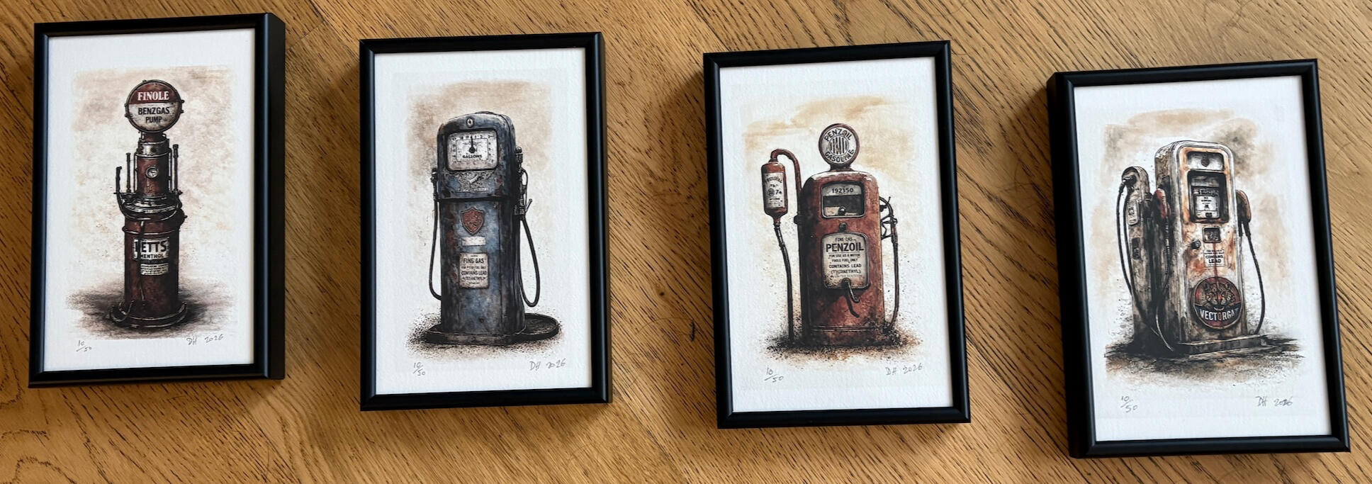 4 prints, framed without mount. Paper is Hahnemuhle German Etching Paper 310gsm. 13cm (width) x 18cm (approx dimensions only).